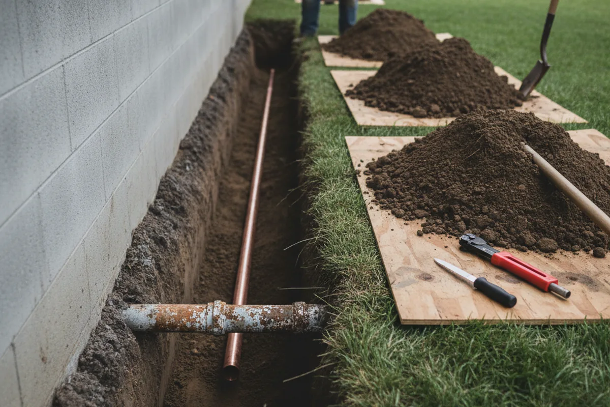 Excavated water line trench during Water Softener Installation in Amity